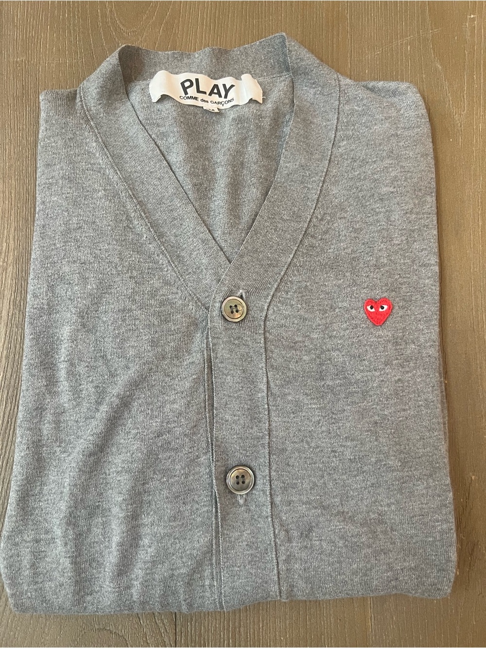 Comme des Garcons PLAY Unisex Grey Button Cardigan with Red Heart Logo
